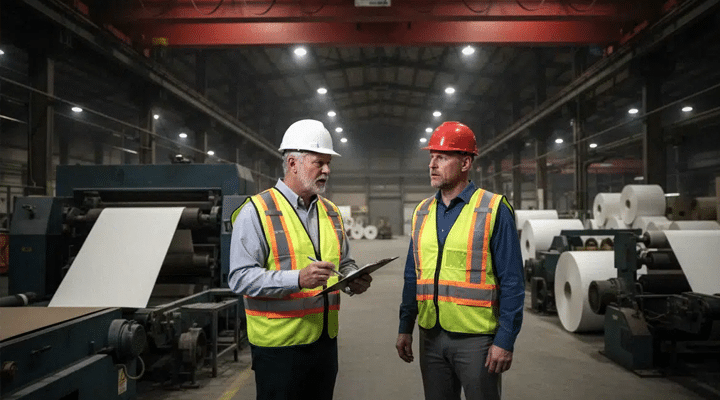 Inspector with tablet under Overhead Crane