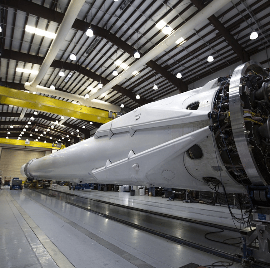 SpaceX Booster Rocket inside an aerospace hangar.