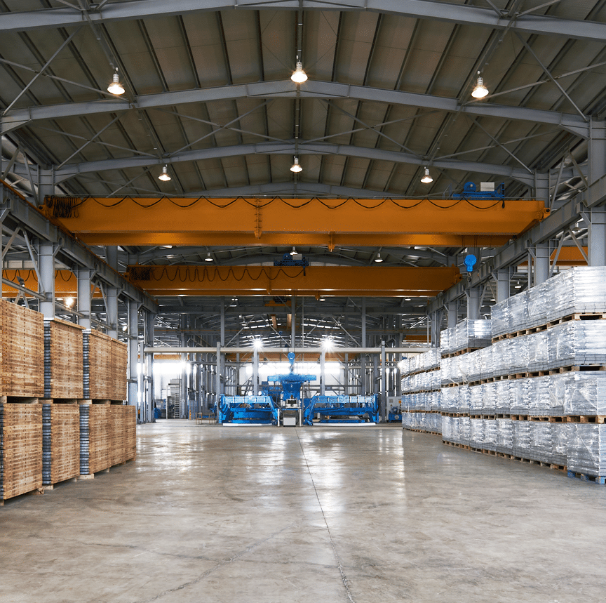 Overhead cranes installed in high-capacity warehouse