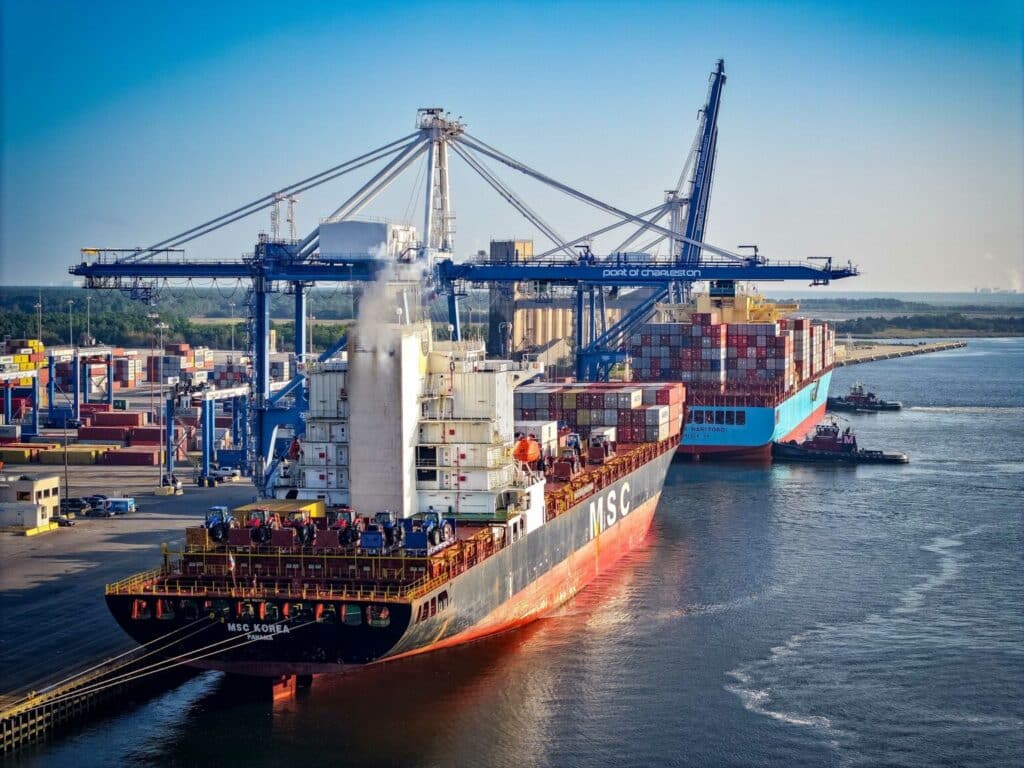 View of the North Charleston Port with Port Cranes and Containers